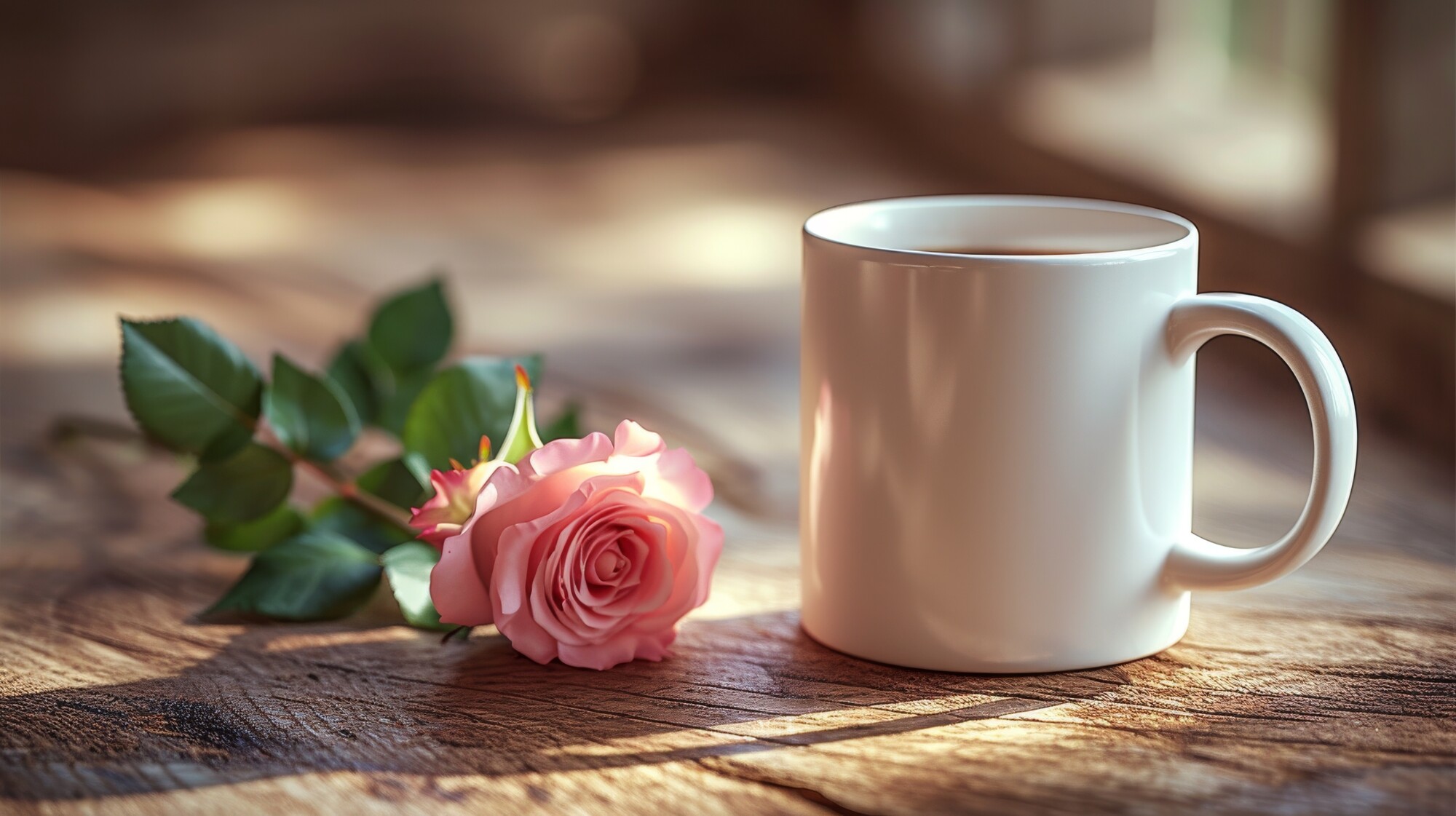 Rustiikkisella pöydällä vaaleanpunainen ruusu ja valkoinen kahvimuki.
