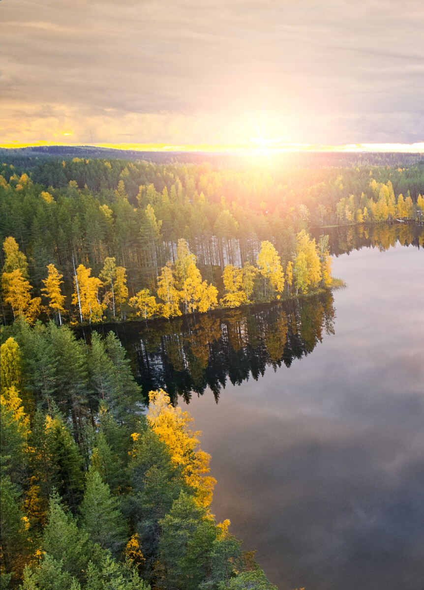 Ilmakuva Harinjärvestä Joensuusta auringonnousun aikaan, kauniina syysaamuna.