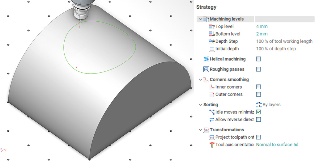 Kuvassa curve cladding strategia ja sen tulostusparametreja. 