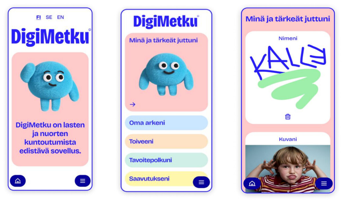 Kuvakaappauksessa kuvia puhelimen näytöstä, jolla näkyy kuvia DigiMetku-sovelluksesta. 