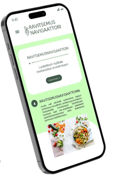 Puhelimen näyttö, jossa kuva ravitsemusnavigaattorin sovelluksesta. 