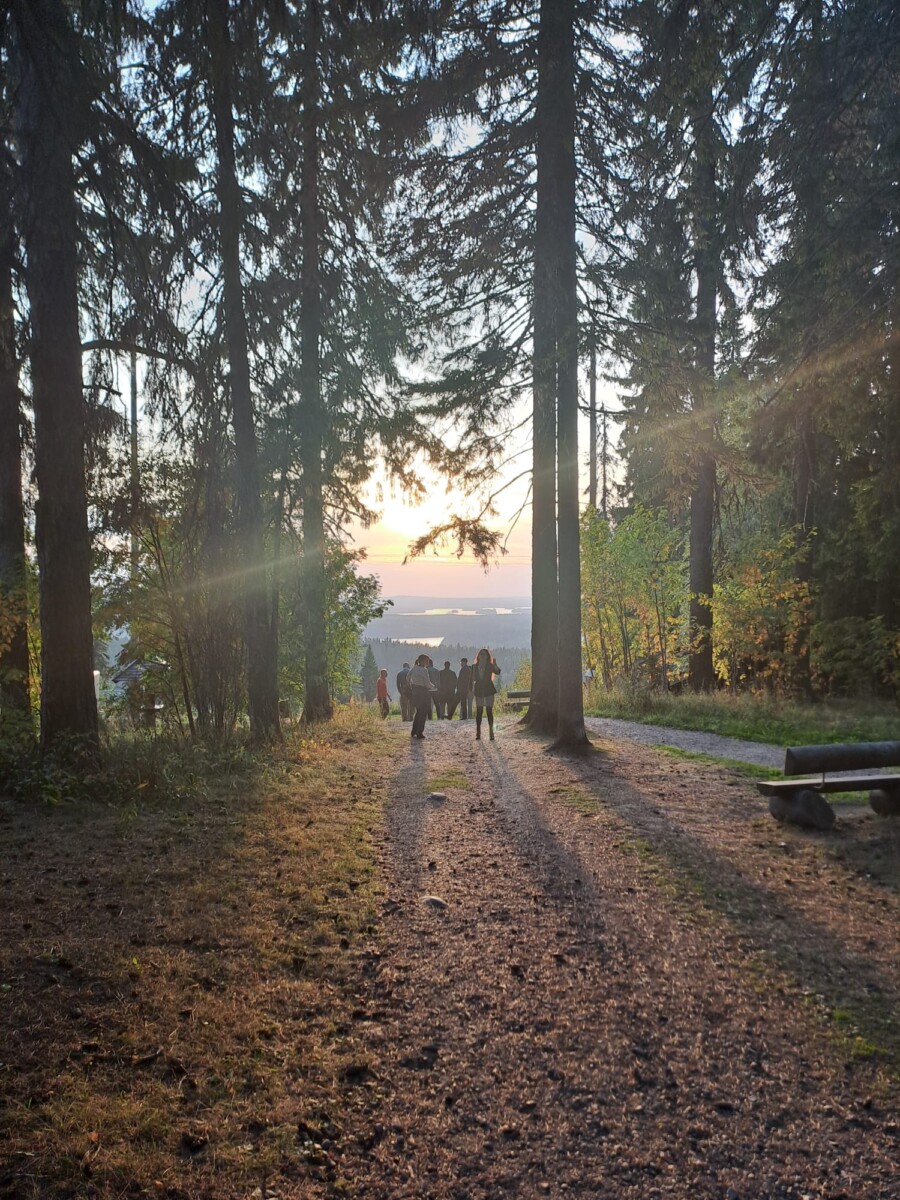 Ihmisiä metsässä auringonlaskun aikaan. 