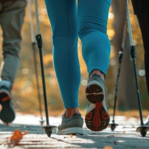 Senior people doing nordic walking outdoors.