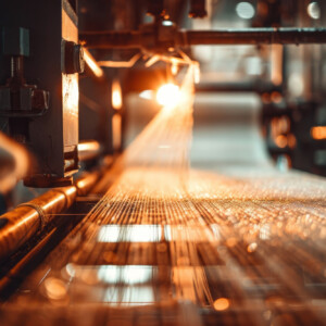 Photo of cotton threads being woven into fabric on a loom, with detailed textures and a blurred background of the textile factory, bright and focused lighting.