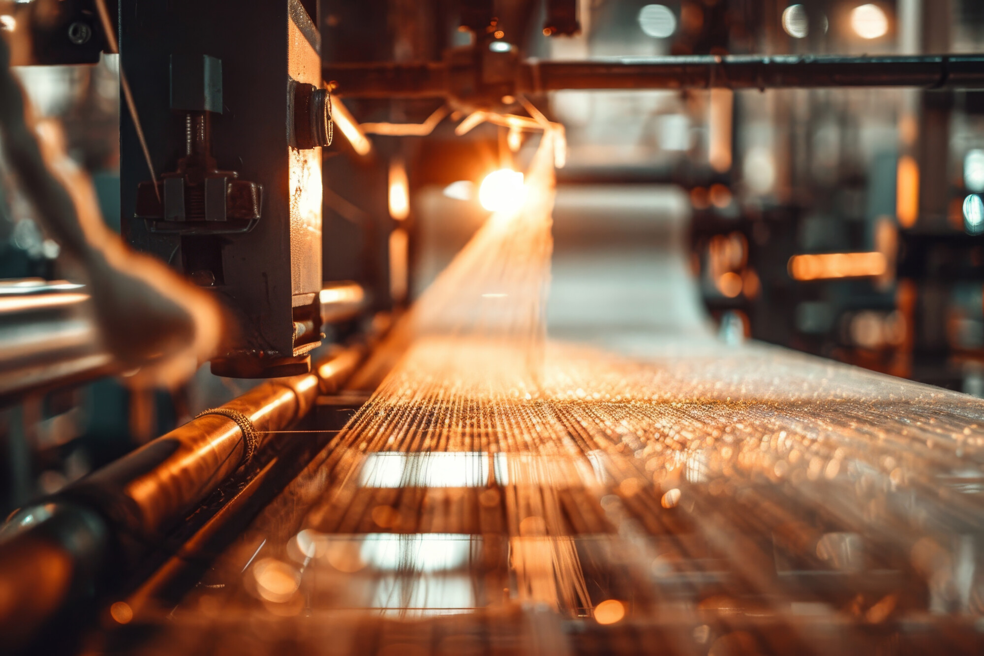 Photo of cotton threads being woven into fabric on a loom, with detailed textures and a blurred background of the textile factory, bright and focused lighting.