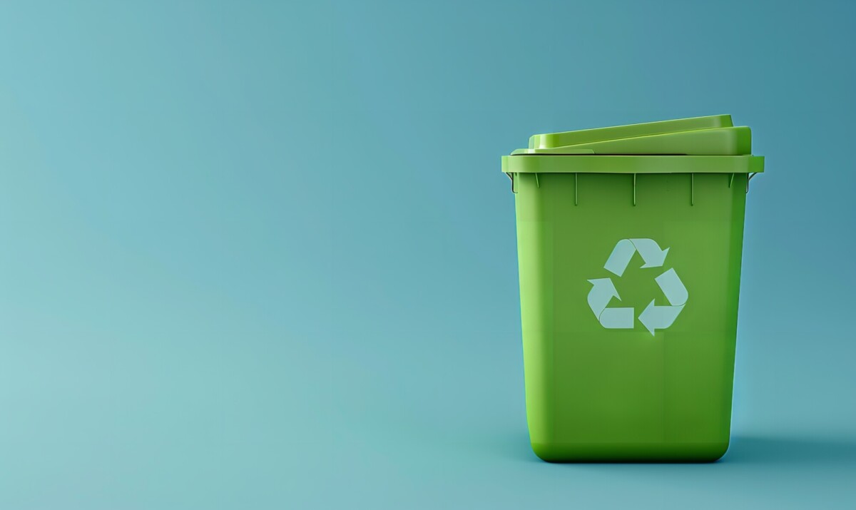 Isolated on a blue background, an eco-friendly recycling container made of green plastic with text space, Generative AI.