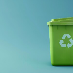 Isolated on a blue background, an eco-friendly recycling container made of green plastic with text space, Generative AI.