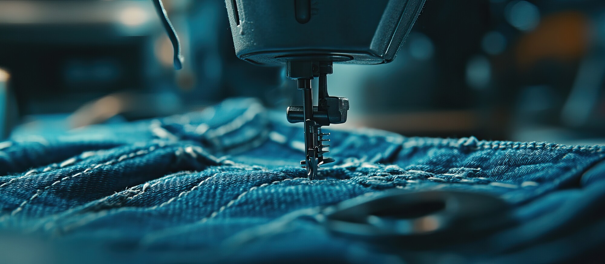 Close-up of a Sewing Machine Needle Piercing Denim Fabric.